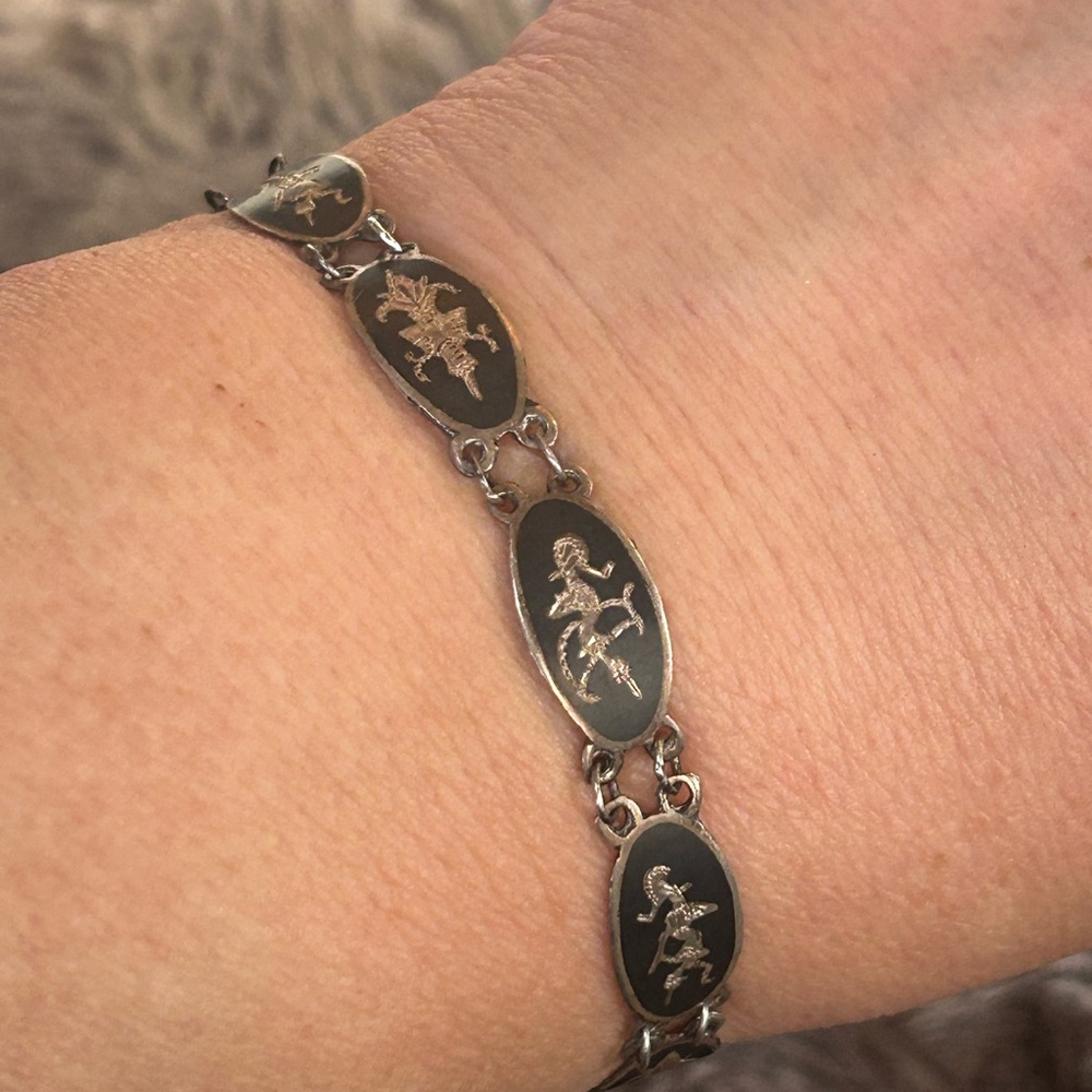 Antique Siam sterling silver nielloware panel bracelet